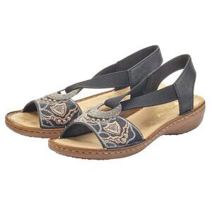 Rieker 608B9 Regina Black and Silver Patterned Sandals Boho Groovy EU 39 US 8